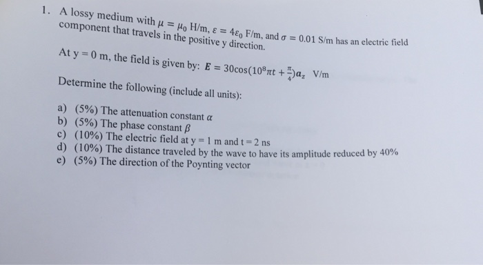 Solved A Lossy Medium With Mu Mu 0 H M Epsilon 4 Eps Chegg Com