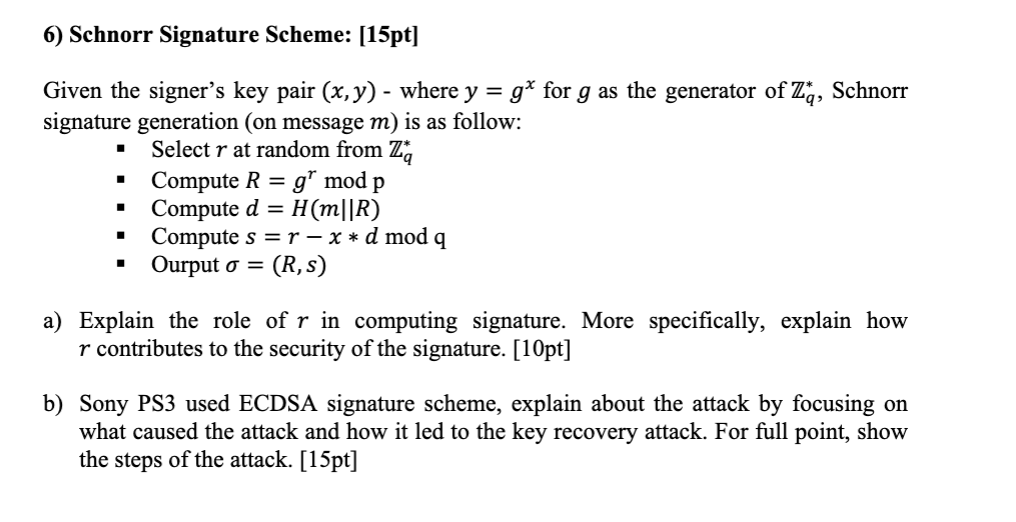 6 Schnorr Signature Scheme 15pt Given The Sign Chegg Com