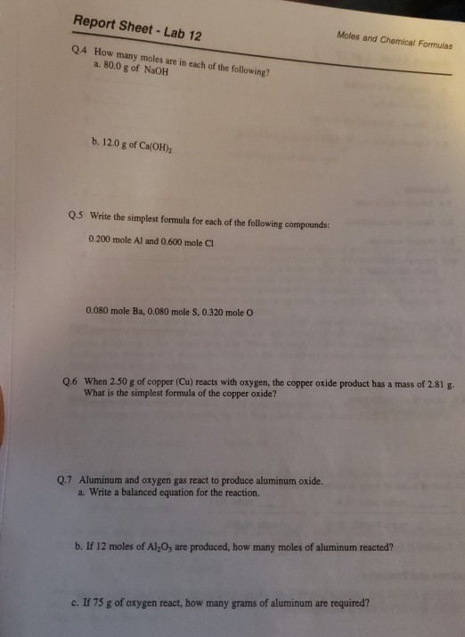 Solved Report Sheet Lab 12 Moles And Chemical Formulas Chegg Com