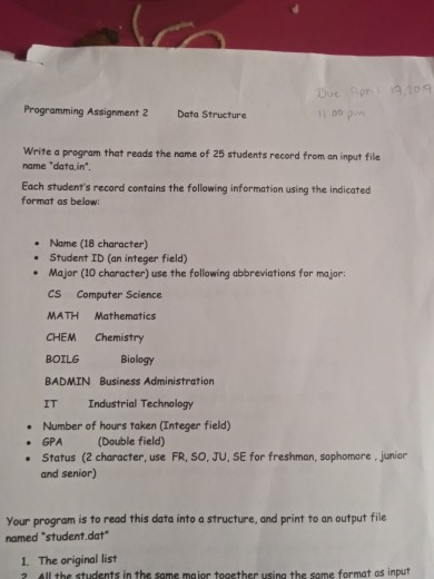 Programming Assignment 2 Data Structure Write a program that reads the name of 25 students record from an input file name da