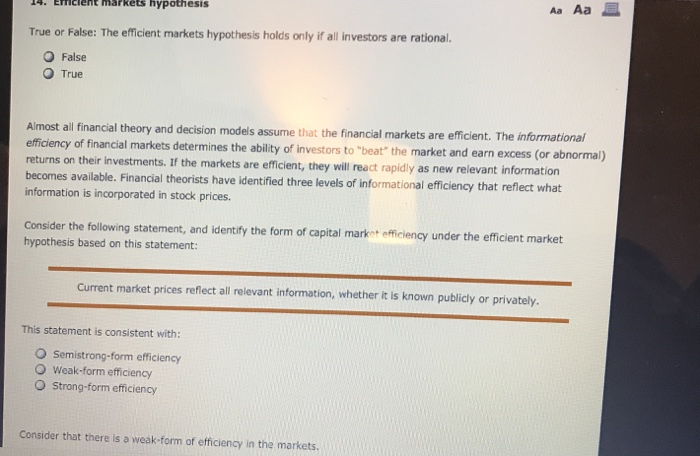 Solved Ennclent Markets Hypothesis True Or False The Eff