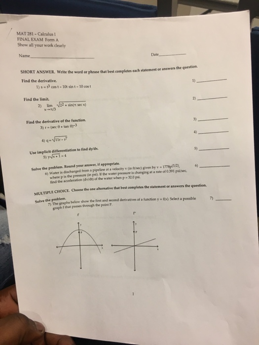 Solved Mat 281 Calculus I Final Exam Form A Show All Your