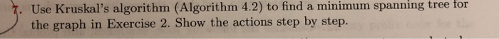 for tree spanning minimum . Use Kruskals algorithm (Algorithm 4.2) to find a the graph in Exercise 2. Show the actions step