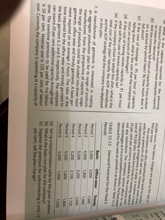 a) What is the capacity required for the planning 20,000 hours. The labour charges are paid at the rate of 40 per hour horizon? Does the company have adequate capacity to meet the demand? The company can also subcontract the work to units for a premium of 20 per cent. However, every time a subcontracting arrangement is made, it involves a fixed cost of 23,000 also. Short term funds for working capital at 24 per cent per annum is available for the company with- out any restrictions. The company cannot afford to run into shortages as it is a competitive industry. The f (b) Will the company fall short of capacity if you analyse on a period-by-period basis? By how much does it fall short? (c) If the cost of shortage is 5 per hour of capacity falling short, what is the cost that the company may incur on account of shortages? (d) If the cost of having excess capacity is 1 per hour, demand for the next six periods is as shown in Table 15.12. what will the cost of excess capacity be? Demand Forecast for the Next 6 (e) If the company chose to adopt this plan, what is the total cost of the plan? Identify the AOP alternatives and the AOP strategy that the company has deployed TABLE 1 15.12 Basic Office wear Trendy 1,500 1,900 in this plan. 5,000 2,000 4,500 1,800 5,500 2,200 5,200 2,100 5,500 1,600 5,000 1,900 Period 1 Period 2 7. A manufacturer of garments is interested in making an aggregate production plan for its range of products manufactured. From the perspective of capacity usage, the range of products could be divided into three: basic garments, office wear and trendy garments. A basic gar- ment required on an average 2 hours. The ratio of the time required for the office wear and trendy garment to the basic garment is 2 and 4, respectively. The company can source 20 per cent additional capacity through over- time. The overtime premium to be paid for the labour is 50 per cent. Material cost is 125 per cent of labour cost. Currently the company is operating at a capacity of Period 4 Period 5 Period 6 1,750 1,800 1,500 (a) Set up a transportation table for the given problem. (b) What is the least cost plan for the company? (c) Suppose the premium for subcontracting is only 12 per cent, will the plan change?