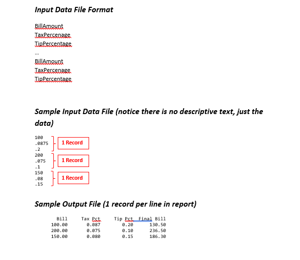 Input Data File Format BilAmut IAmount Sample Input Data File (notice there is no descriptive text, just the data) 100 08751