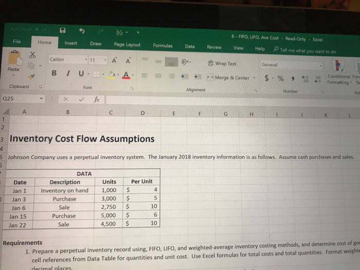 Solved 6 Fifo Lifo Ave Cost Read Only Excel Home Insert Chegg Com