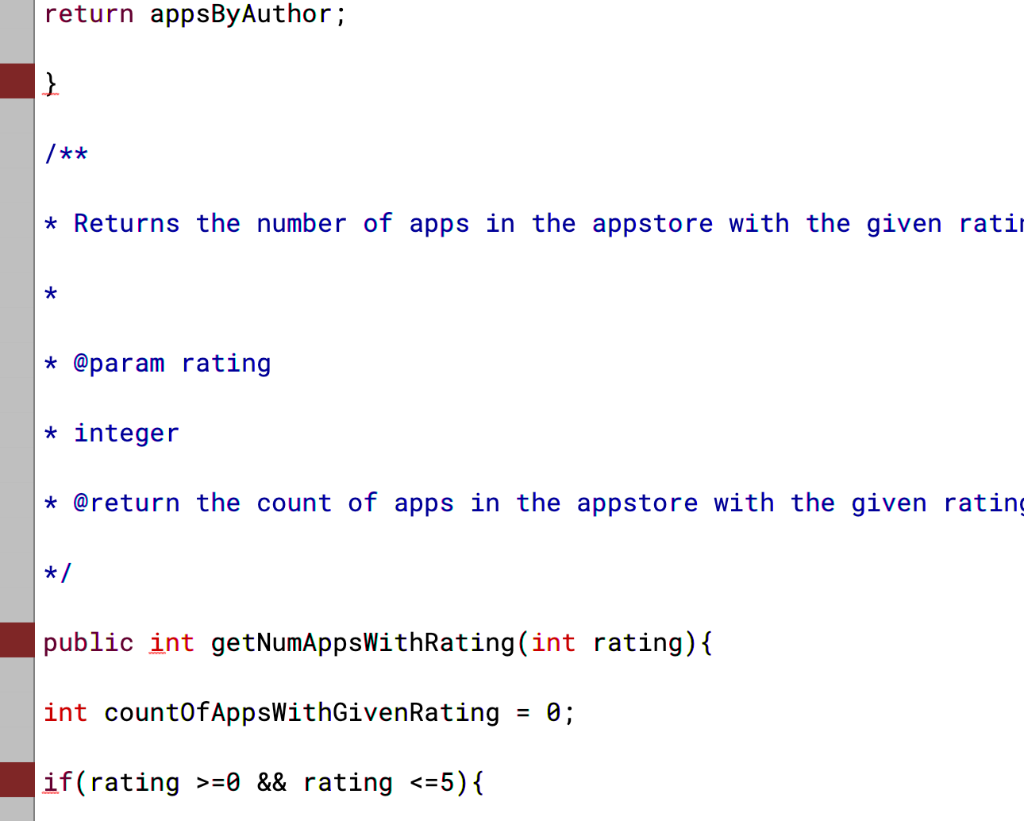 return appsByAuthor; *Returns the number of apps in the appstore with the given rati * @param rating * integer *@return the c