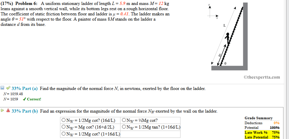 Solved 1796 Problem 6 A Uniform Stationary Ladder Of L Chegg Com