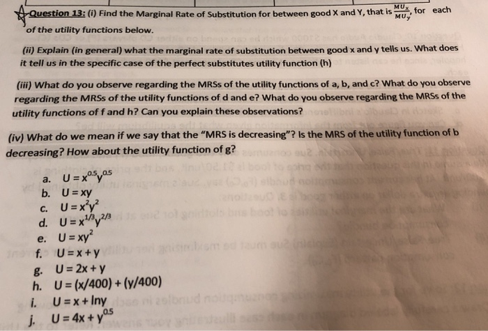 Solved Mu Question 13 0 Find The Marginal Rate Of Subst Chegg Com