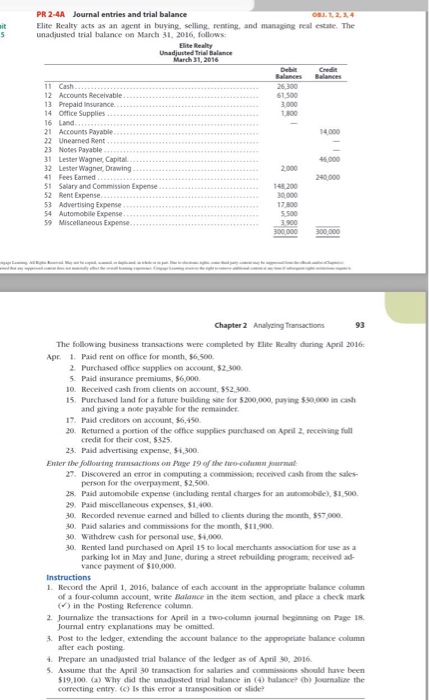 Pr 2 4a Journal Entries And Trial Balance Elite Re Chegg Com