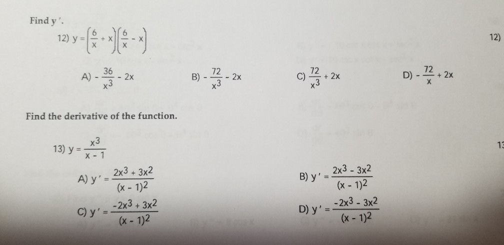 Solved Find y' B)12-2x 72 36 3 72 C)2x A) Find the