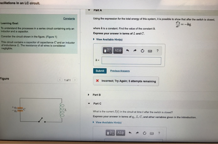 Solved Scillations In An Lc Circult Parta Constants Usin Chegg Com