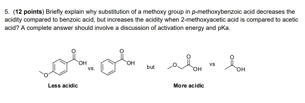 5. (12 points) Briefly explain why substitution of a methoxy group in p-methoxybenzoic acid decreases the acidity compared to benzoic acid, but increases the acidity when 2-methoxyacetic acid is compared to acetic acid? A complete answer should involve a discussion of activation energy and pKa. VS VS. but он Less acidic More acidic