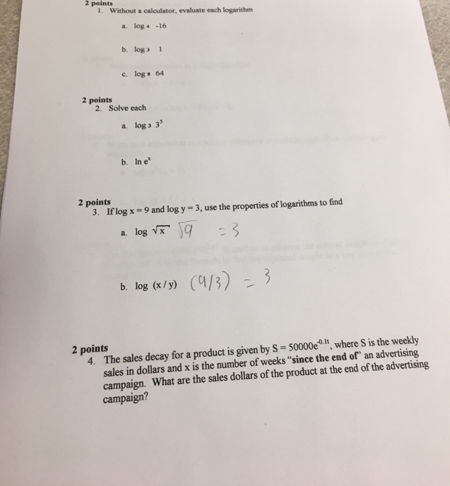 Solved 2 Points 1 Without A Calculator Evaluate Each L Chegg Com