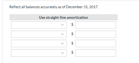 Reflect all balances accurately as of december 31,2017. use straight-line amortization