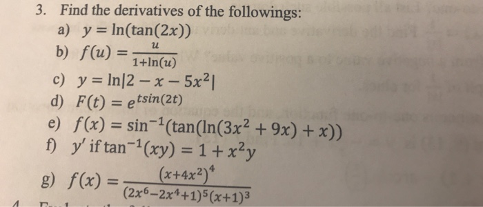 Solved Find The Derivatives Of The Followings A Y Ln Ta Chegg Com