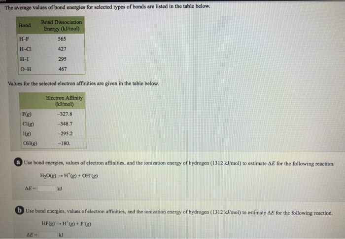 Solved N The L Edan He Average Values Of Bond Enegies Tor Chegg Com