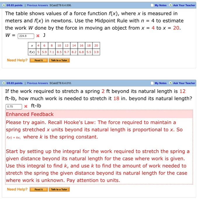 Solved 0/0.83 points, Previous Answers SCalcET8 6.4.006. My