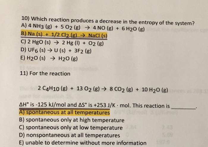 Solved 10 Which Reaction Produces A Decrease In The Entr Chegg Com