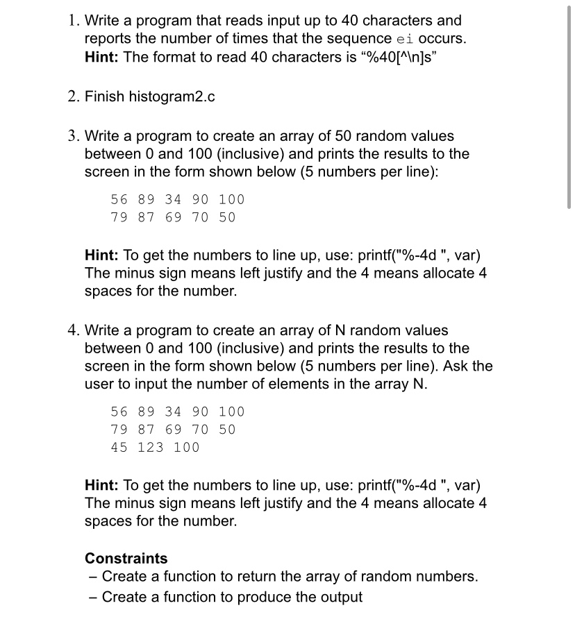 1. Write a program that reads input up to 40 characters and reports the number of times that the sequence ei occurs Hint: The