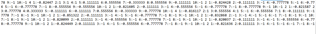 6 10:-1 2 1:-0.82160 1 3:0.777778 4:0.333333 5:-0.111111 6:-0.111111 7:0.555556 8:-0.333333 9:-0.777778 10:-1 41:-0.816117 2: