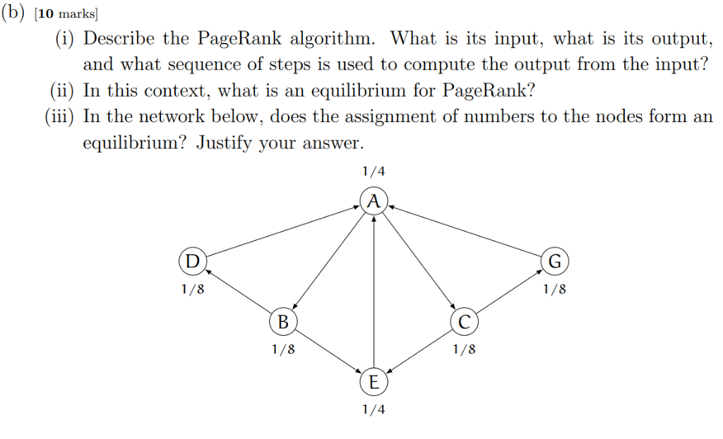 (b) [10 marks) (i) Describe the PageRank algorithm. What is its input, what is its output, and what sequence of steps is used