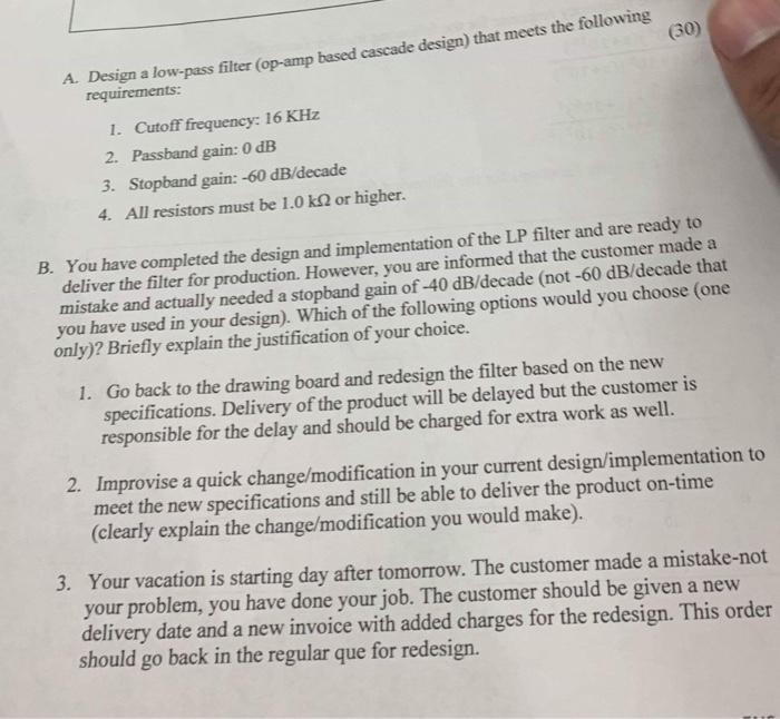 30 Design A Low Pass Fiter Op Amp Based Cascade Chegg Com