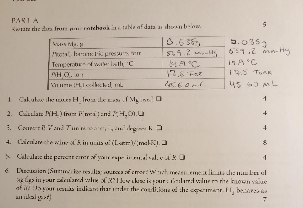 Solved Part A 5 Restate The Data From Your Notebook In A Chegg Com