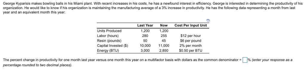 George Kyparisis makes bowling balls in his Miami plant. With recent increases in his costs, he has a newfound interest in efficiency. George is interested in determining the productivity of his organization. He would like to know if his organization is maintaining the manufacturing average of a 3% increase in productivity. He has the following data representing a month from last year and an equivalent month this year: Cost Per Input Unit Units Produced Labor (hours) Resin (pounds) Capital Invested (S) Energy (BTU) Last Year 1,200 280 50 10,000 3,000 Now 1,200 255 45 11,000 2,850 $12 per hour $6 per pound 2% per month $0.50 per BTU The percent change in productivity for one month last year versus one month this year on a multifactor basis with dollars as the common denominator = percentage rounded to two decimal places) % enter your response as a