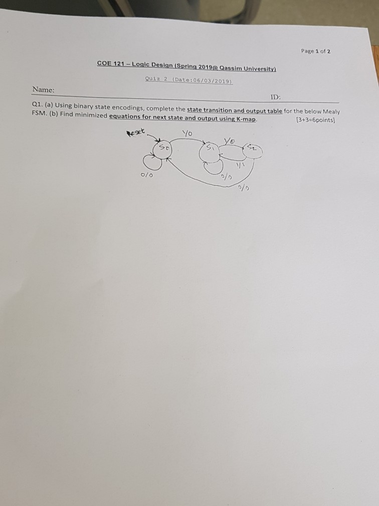 Page 1 of 2 CO E 121-Logic Design Sprina2019aQassimUniversity) Quiz 2 (Date:06/03/2019) Name: ID: Q1. (a) Using binary state