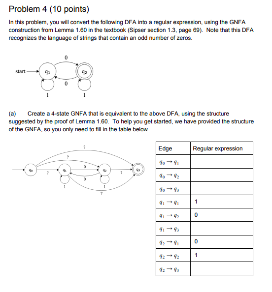 Problem 4 (10 points) In this problem, you will convert the following DFA into a regular expression, using the GNFA construct