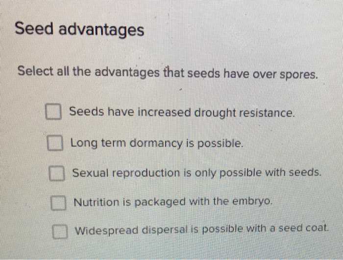 Solved Select All The Advantages That Seeds Have Over Chegg Com