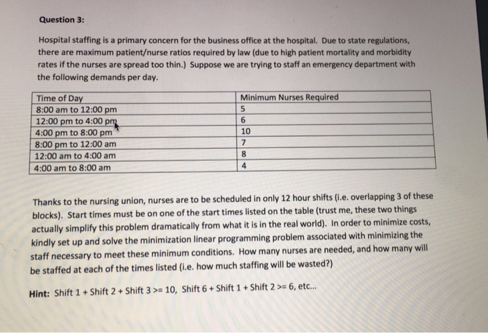 Question 3: Hospital staffing is a primary concern for the business office at the hospital. Due to state regulations, there are maximum patient/nurse ratios required by law (due to high patient mortality and morbidity rates if the nurses are spread too thin.) Suppose we are trying to staff an emergency department with the following demands per day Time of Day 8:00 am to 12:00 pm 12:00 pm to 4:00 4:00 pm to 8:00 pm 8:00 pm to 12:00 am 12:00 am to 4:00 am 4:00 am to 8:00 am Minimum Nurses Required 5 6 10 7 8 Thanks to the nursing union, nurses are to be scheduled in only 12 hour shifts (i.e. overlapping 3 of these blocks). Start times must be on one of the start times listed on the table (trust me, these two things actually simplify this problem dramatically from what it is in the real world), In order to minimize costs kindly set up and solve the minimization linear programming problem associated with minimizing the staff necessary to meet these minimum conditions. How many nurses are needed, and how many will be staffed at each of the times listed (i.e. how much staffing will be wasted?) Hint: Shift 1 + Shift 2 + Shift 3 >= 10, shift 6 + Shift 1 + Shift 2 >= 6, etc