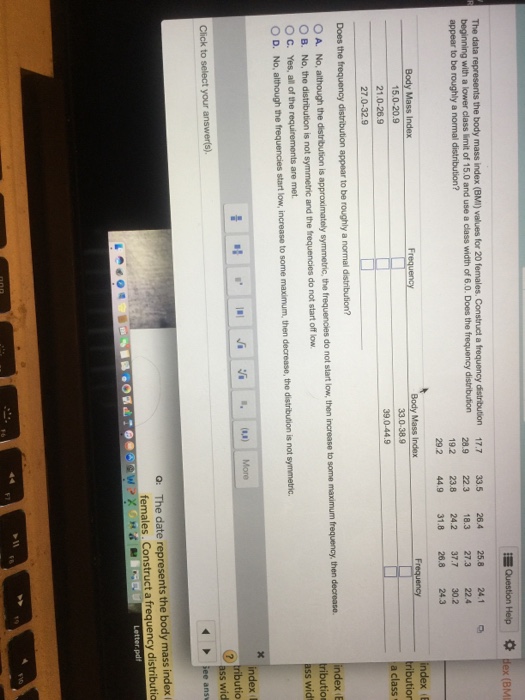 Solved The Data Represents The Body Mass Index Bmi Values Chegg Com