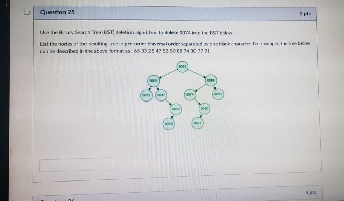 Question 25 5 pts Use the Binary Search Tree (BST) deletion algorithm to delete 0074 into the BST below List the nodes of the