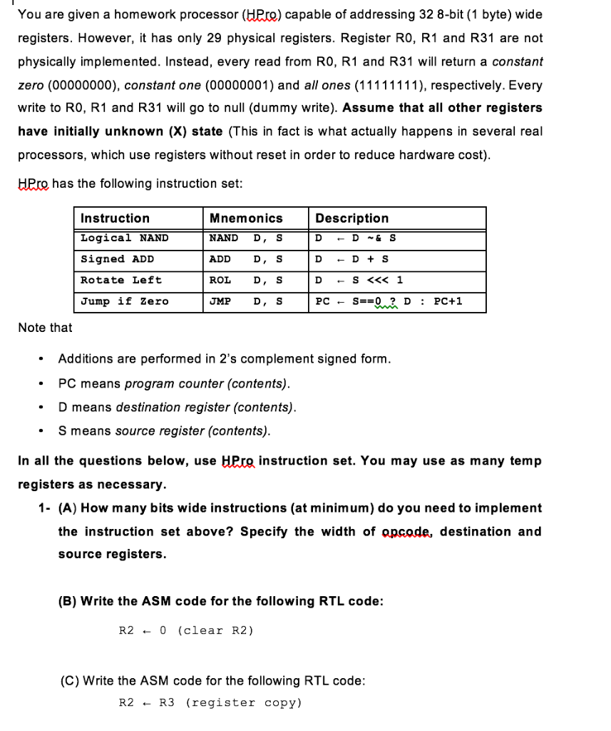 You are given a homework processor (HRre) capable of addressing 32 8-bit (1 byte) wide registers. However, it has only 29 phy