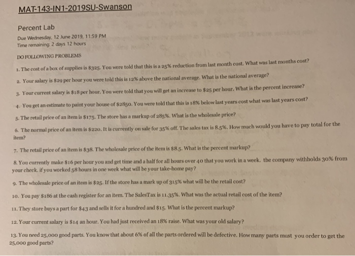 Solved Mat 143 In1 2019su Swanson Percent Lab Due Wednesd