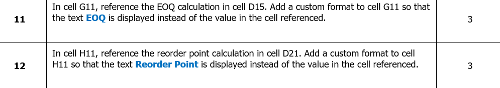 In cell G11, reference the EOQ calculation in cell D15. Add a custom format to cell G11 so that 11 the text EoQ is displayed