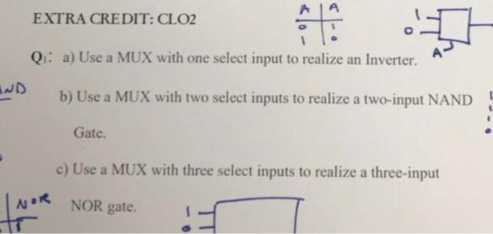 EXTRA CREDIT: CLO2 Qi: a) Use a MUX with one select input to realize an Inverter. b) Use a MUX with two select inputs to real