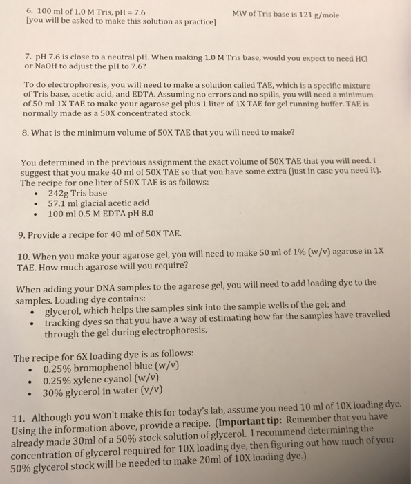 Solved 100 Ml Of 1 0 M Tris Ph 7 6 Mw Of Tris Base Is Chegg Com