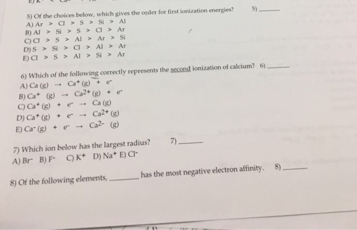 Solved 5) Of The Choices Below, Which Gives The Order For | Chegg.com