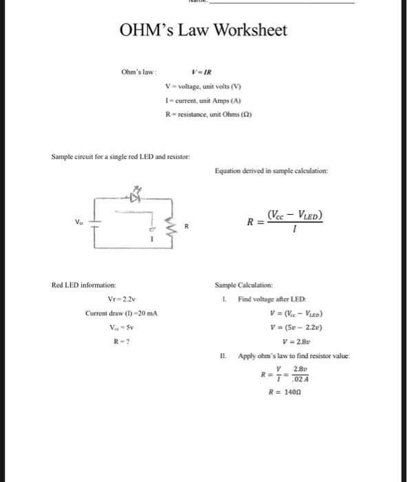 Solved Ohm S Law Worksheet Ohm S Law V Ir V Voltage Uni Chegg Com