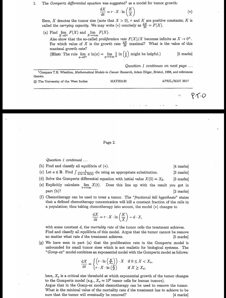 Solved 1 The Gompertz Differential Equation Was Suggeste - 