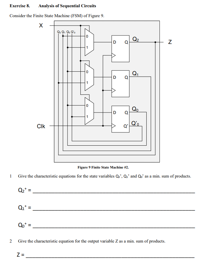 Exercise 8.Analysis of Sequential Circuits Consider the Finite State Machine (FSM) of Figure 9. 2 D Q D Q Clk Figure 9 Finite