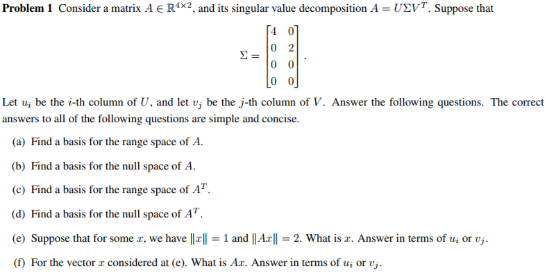 Solved Problem 1 Consider A Matrix A E R4x2 And Its Singu Chegg Com