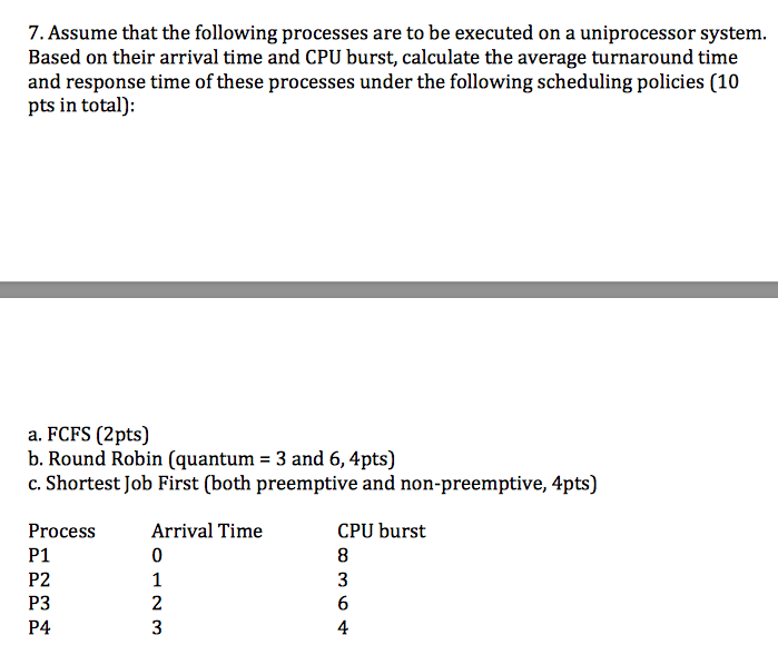 7. Assume that the following processes are to be executed on a uniprocessor system. Based on their arrival time and CPU burst