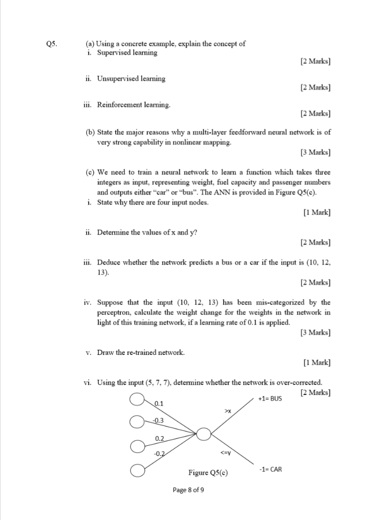 (a) Using a concrete example, explain the concept of i. Supervised learning ii. Unsupervised learning iii. Reinforcement lear