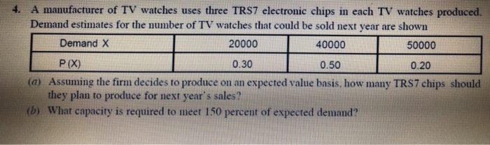4. A manufacturer of TV watches uses three TRS7 electronic chips in each TV watches produced Demand estimates for the number of TV watches that could be sold next year are shown Demand X 20000 40000 50000 P (X) 0.30 0.50 0.20 Assuming the firm decides to produce on an expected value basis, how many TRS7 chips should they plan to produce for next years sales? (a) (b What capacity is required to meet 150 percent of expected denand?
