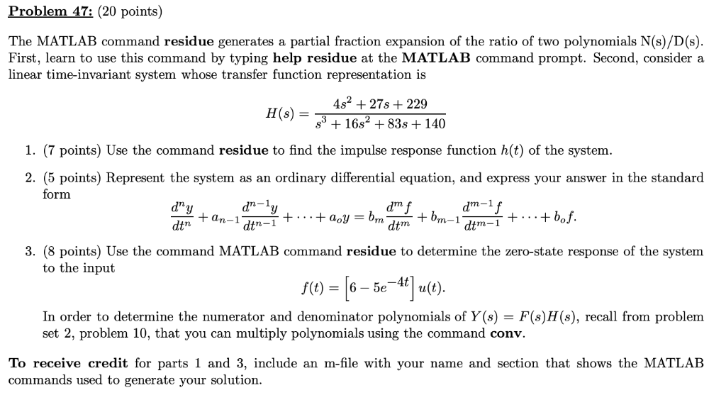 Solved Problem 47 Points The Matlab Command Residue Chegg Com