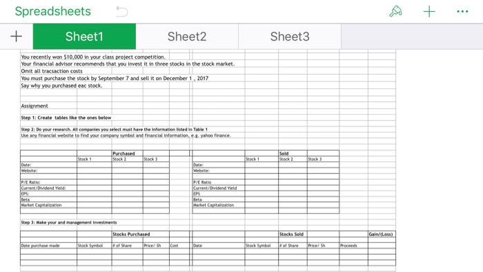 Spreadsheets 夕+ Sheet1 Sheet2 Sheet3 You recently won $10,000 in your class project competition. Your financial advisor recommends that you invest it in three stocks in the stock market. Omit all tracsaction costs You must purchase the stock by September 7 and sell it on December 1, 2017 Say why you purchased eac stock ignment Step 1: Create tables like the ones below Step 2: Do your research, All companies you select mist have the information listed in Table 1 we any mancial website to fnd your compyy ymbol and mancial infomation, e-g, yahoo nnance. PIt Ratio Stocks Purchased ate purchase made 